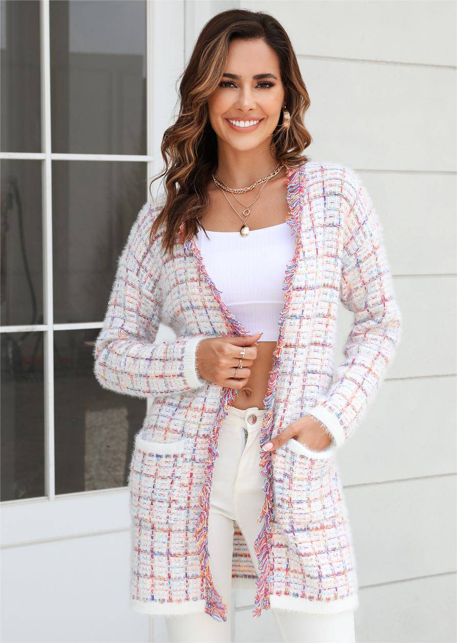 Cozy Checkered Knit Cardigan with Tassel Details    