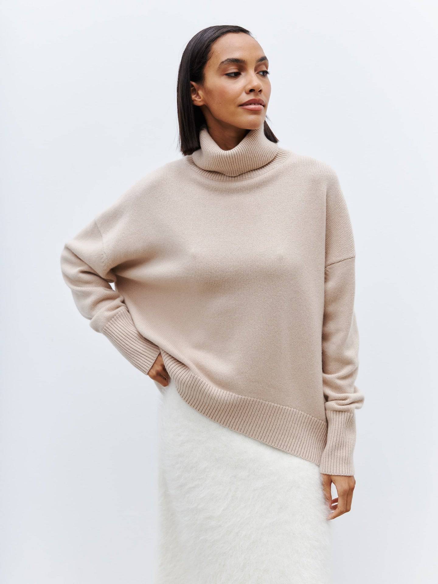 Cozy European-Style Turtleneck Sweater for Women  S Lotus Root Apricot 