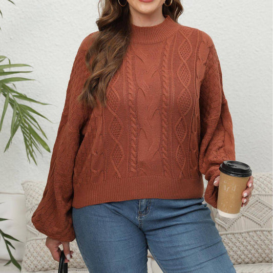 Cozy Half Turtleneck Lantern Sleeve Cropped Pullover Plus Size Sweater for Women in Brown