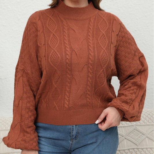 Cozy Half Turtleneck Lantern Sleeve Cropped Pullover Plus Size Sweater for Women in Brown