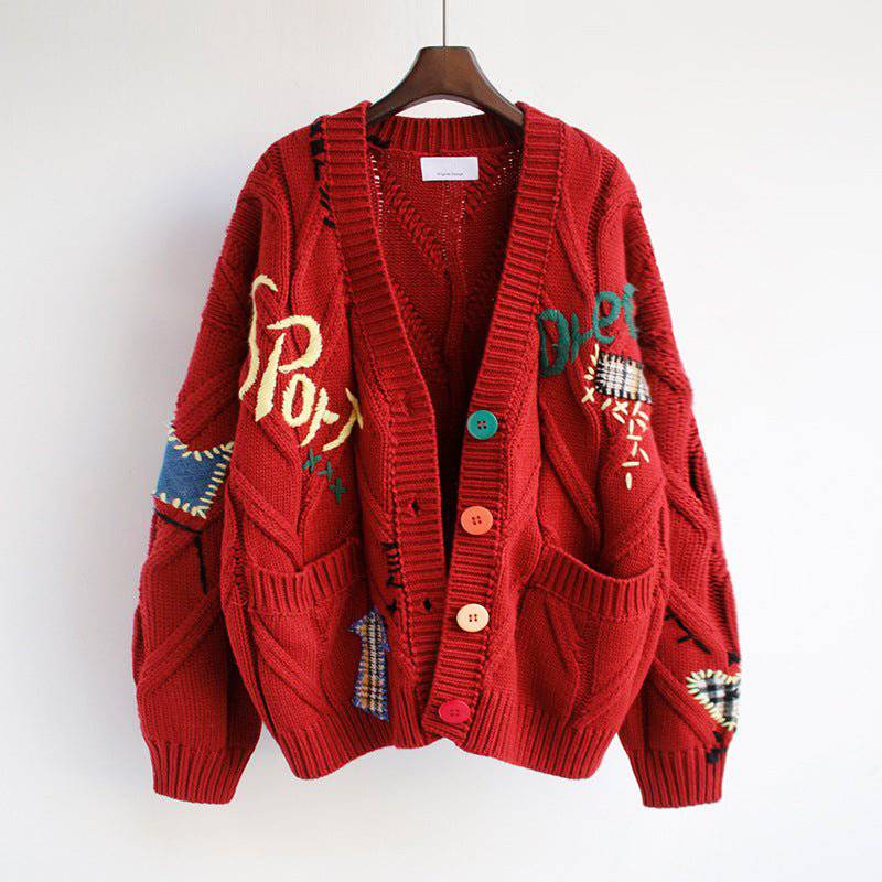 Cozy Handmade Embroidered Sweater for Women  One Size Red 