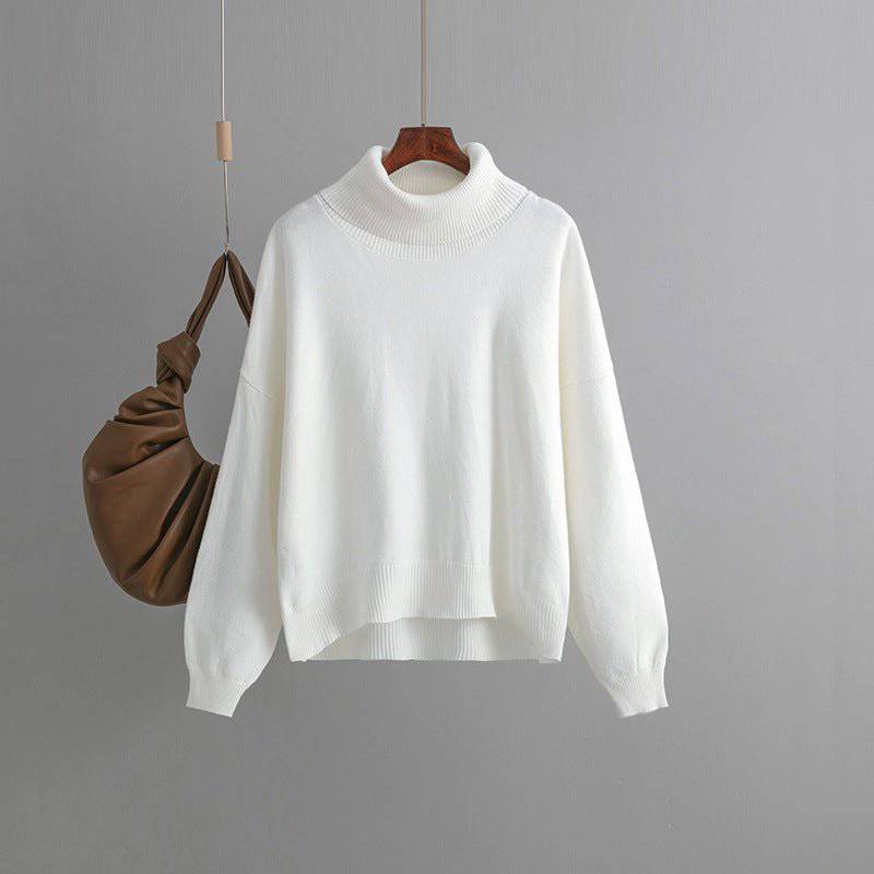 Cozy High Collar Knit Sweater for Autumn and Winter  One Size White 