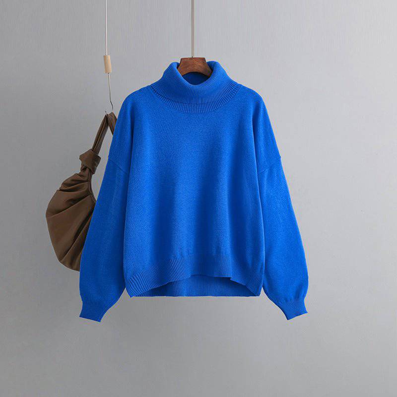 Cozy High Collar Knit Sweater for Autumn and Winter  One Size Blue 