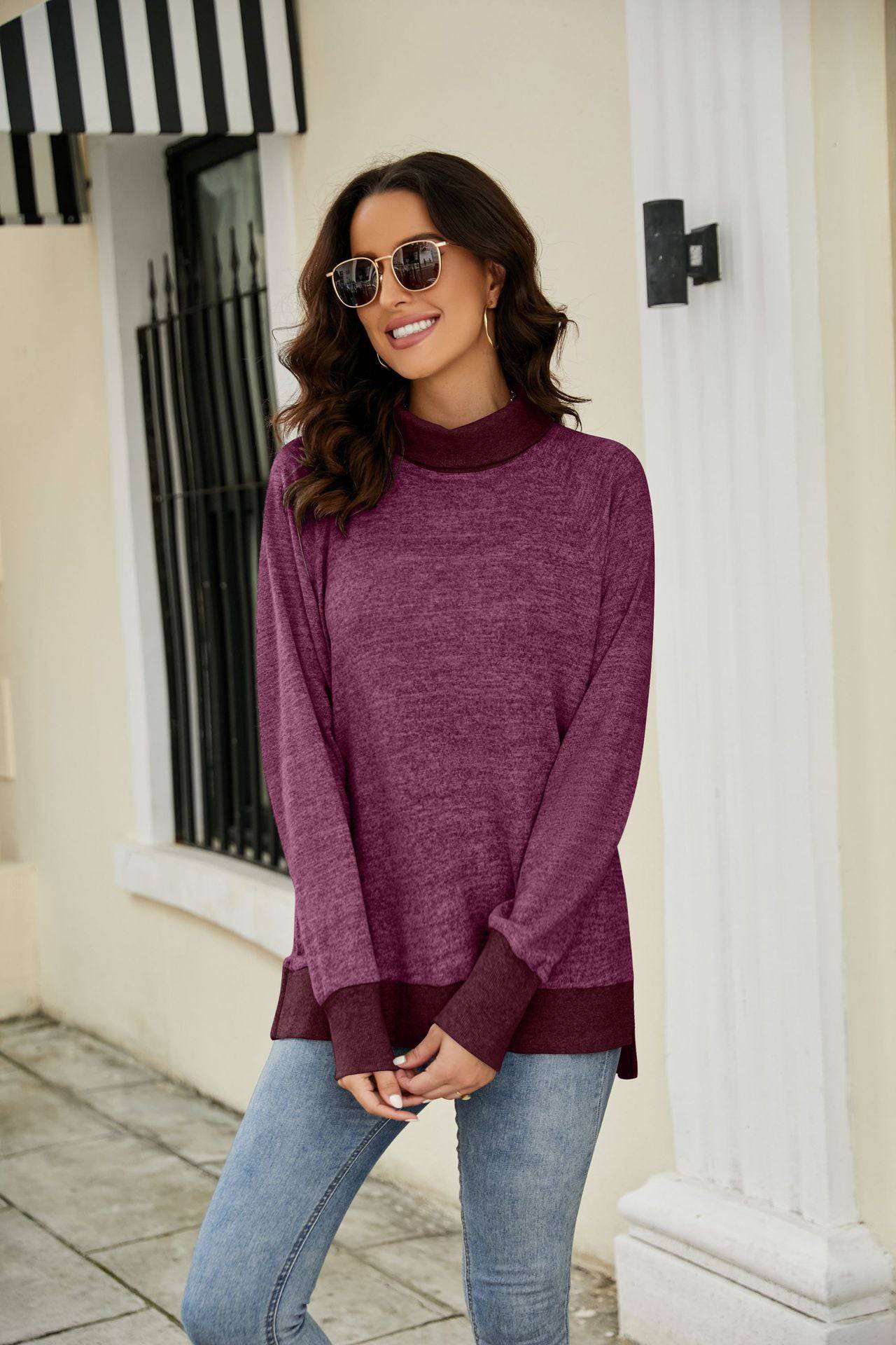 Cozy High Collar Long Sleeve T-shirt with Contrasting Cuff and Scarf Detail    