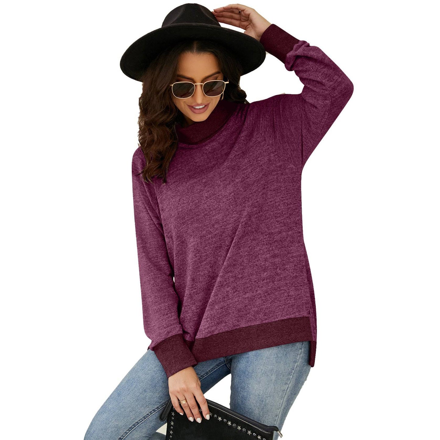 Cozy High Collar Long Sleeve T-shirt with Contrasting Cuff and Scarf Detail  S Fuchsia 