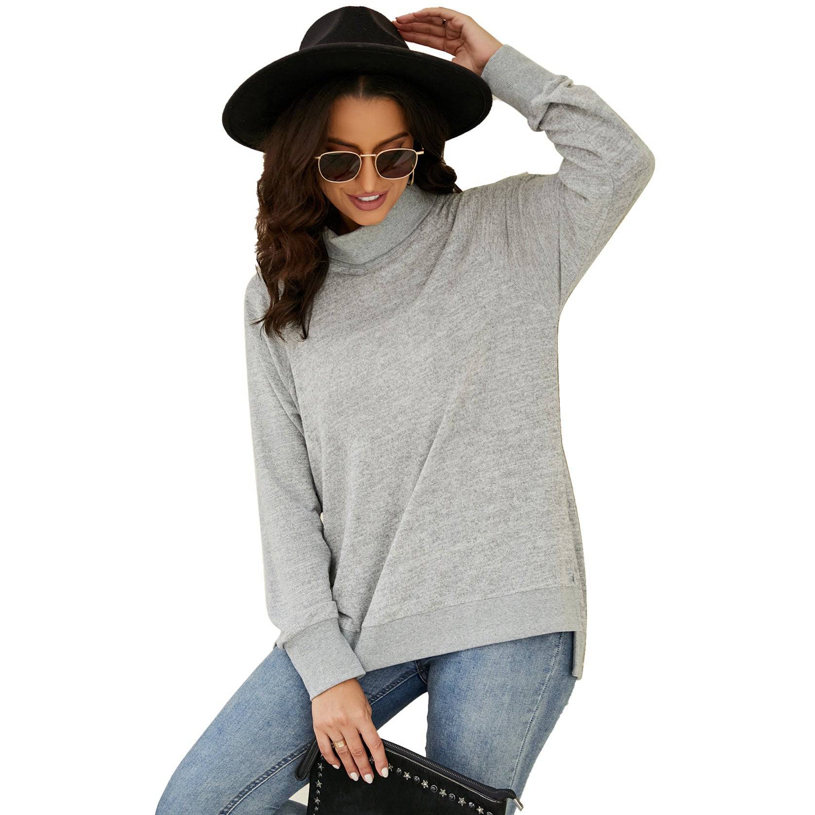 Cozy High Collar Long Sleeve T-shirt with Contrasting Cuff and Scarf Detail  S Light Gray 