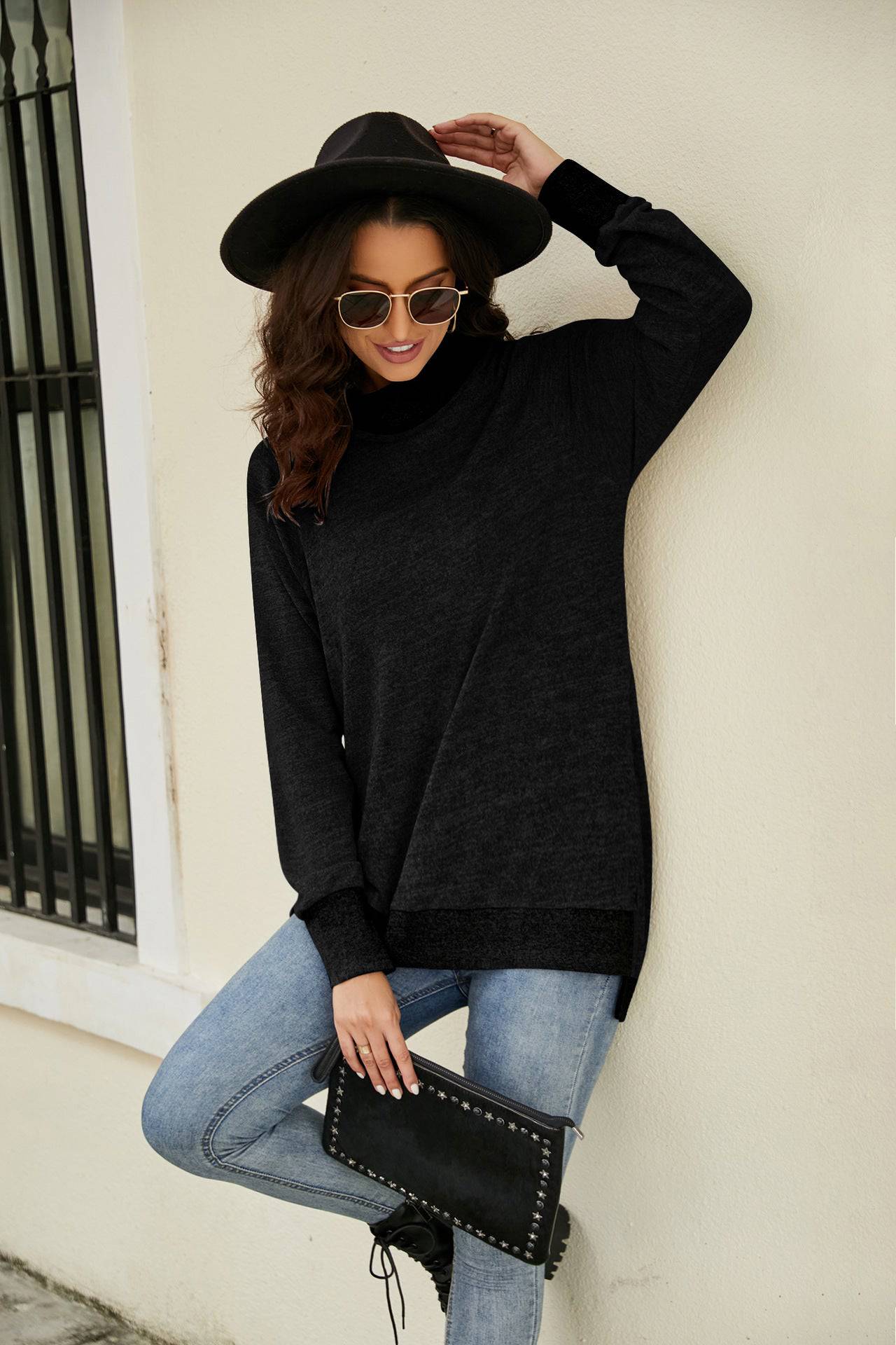 Cozy High Collar Long Sleeve T-shirt with Contrasting Cuff and Scarf Detail    