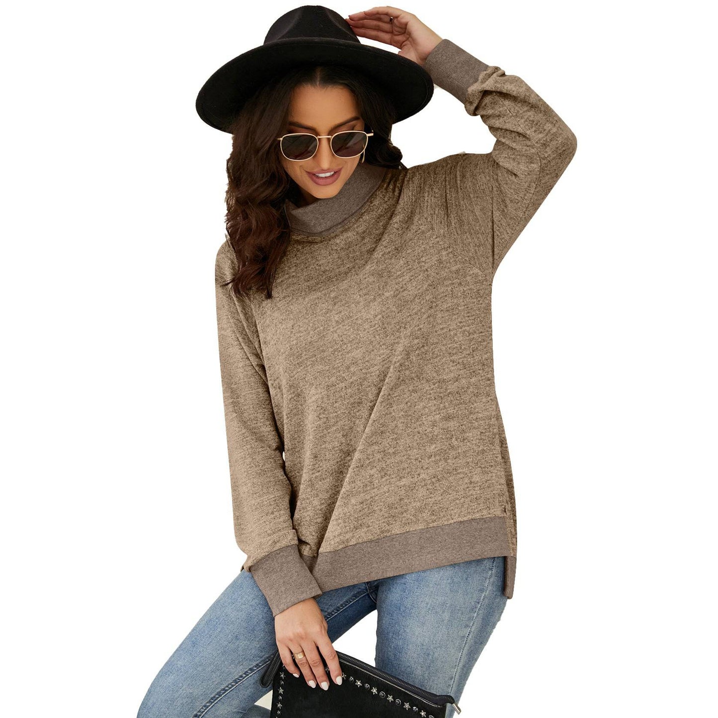 Cozy High Collar Long Sleeve T-shirt with Contrasting Cuff and Scarf Detail  S Khaki 