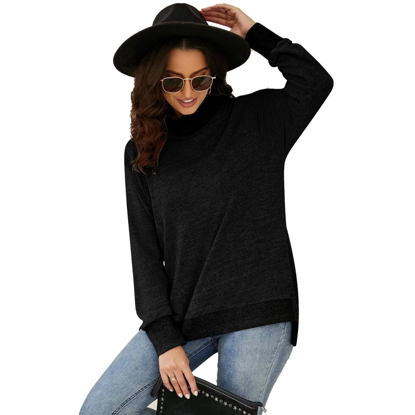 Cozy High Collar Long Sleeve T-shirt with Contrasting Cuff and Scarf Detail  S Black 