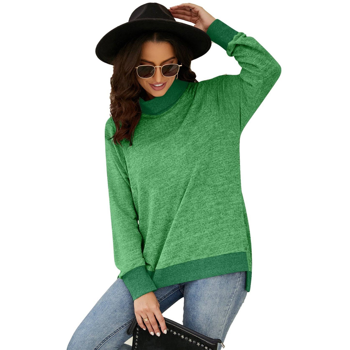 Cozy High Collar Long Sleeve T-shirt with Contrasting Cuff and Scarf Detail  S Green 