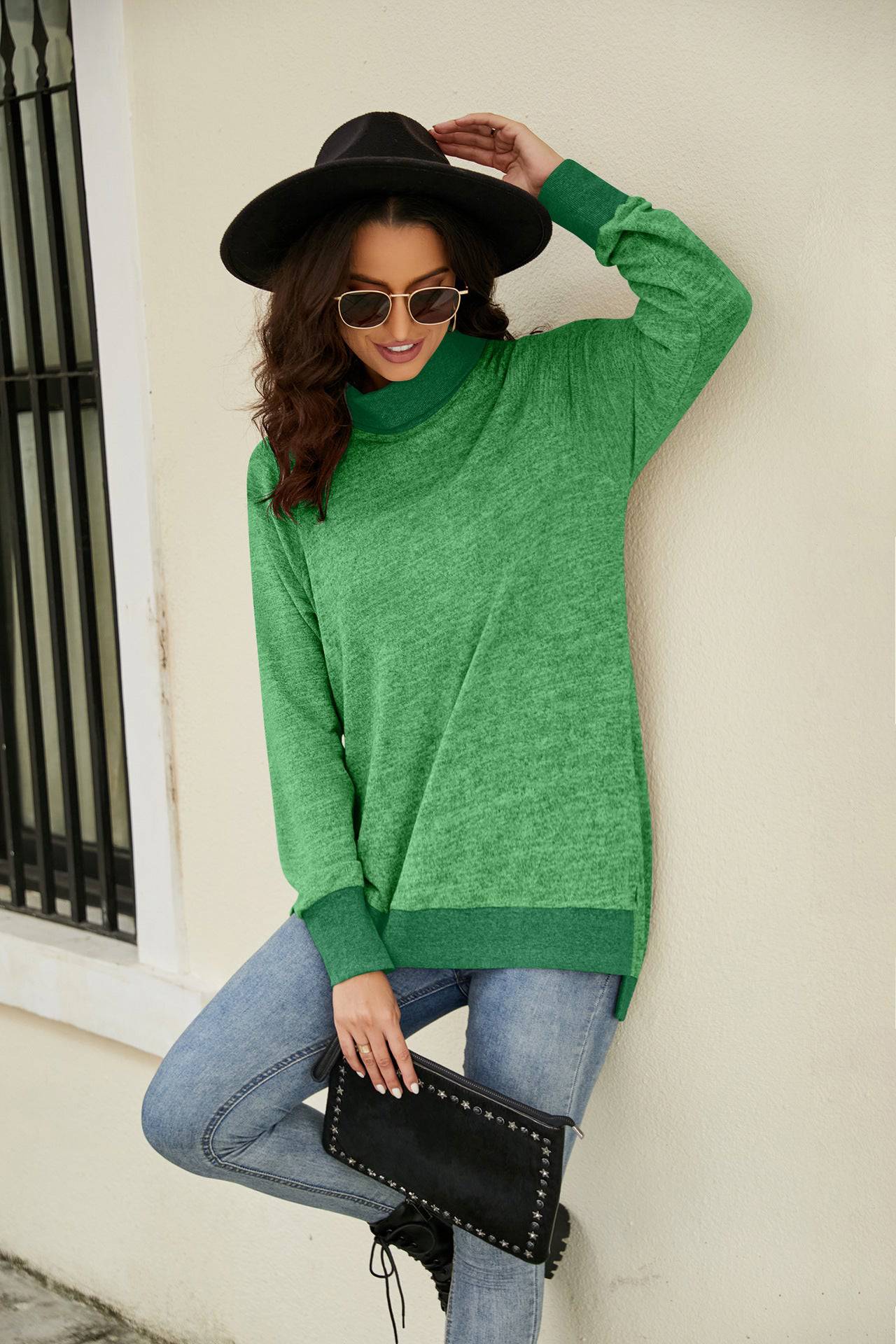 Cozy High Collar Long Sleeve T-shirt with Contrasting Cuff and Scarf Detail    