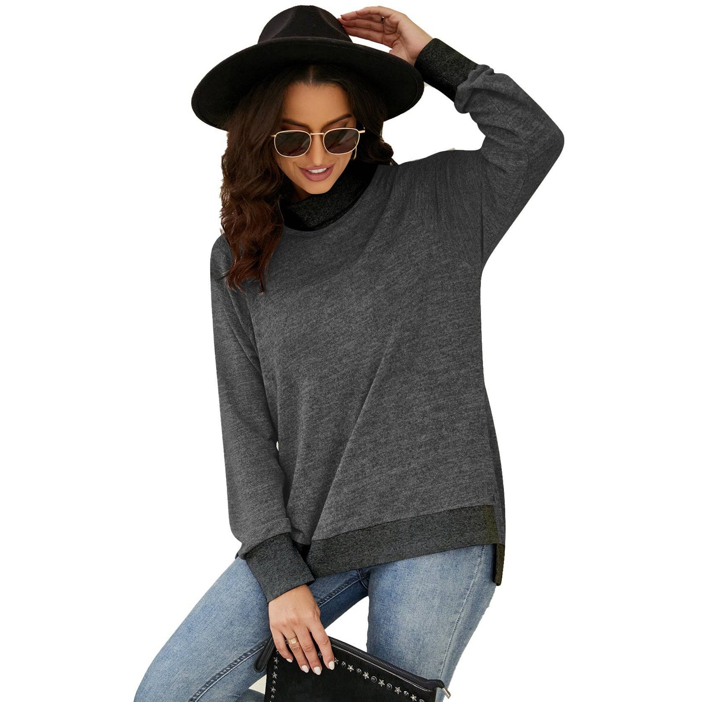 Cozy High Collar Long Sleeve T-shirt with Contrasting Cuff and Scarf Detail  S Dark Grey 