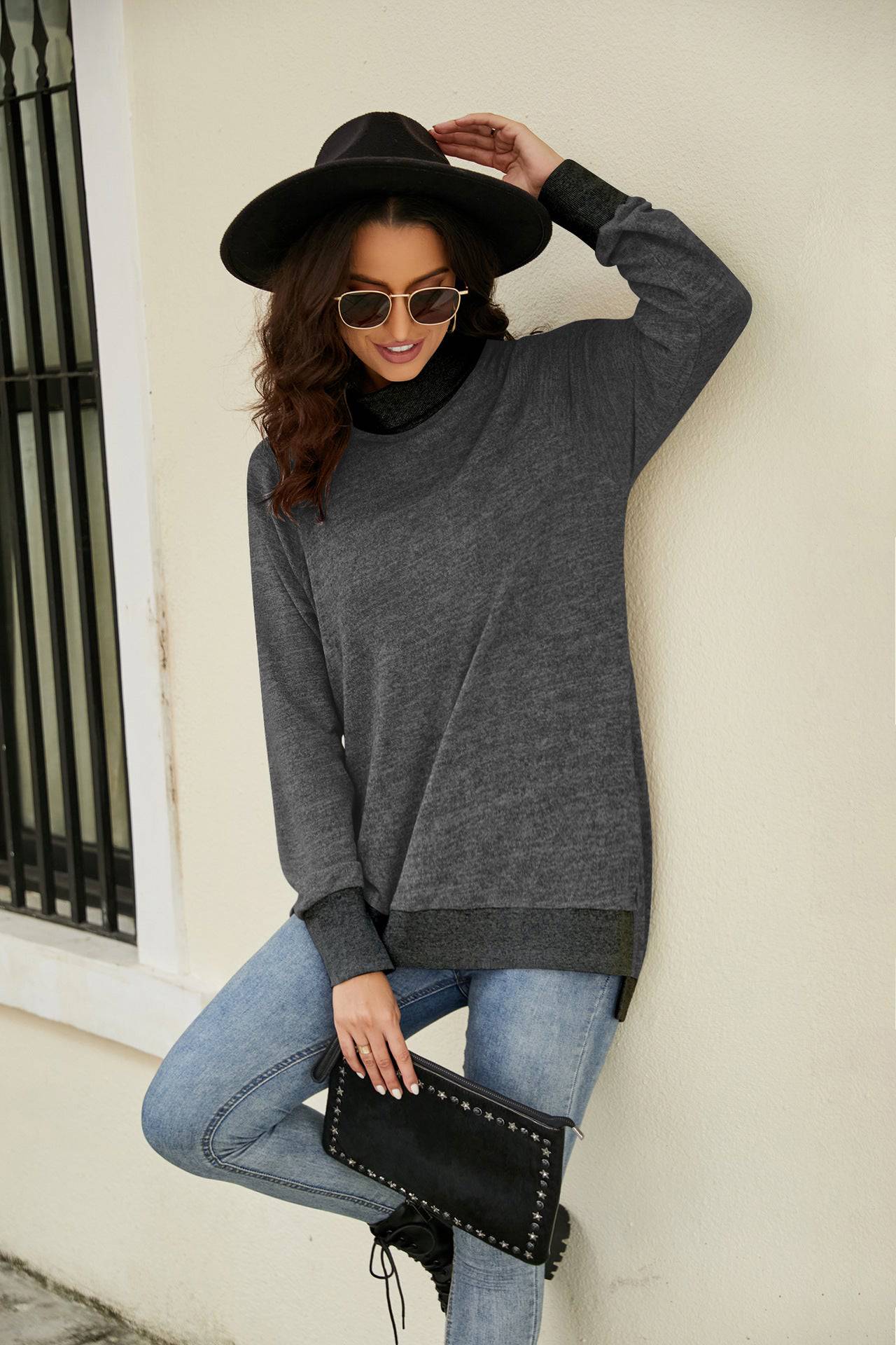 Cozy High Collar Long Sleeve T-shirt with Contrasting Cuff and Scarf Detail    