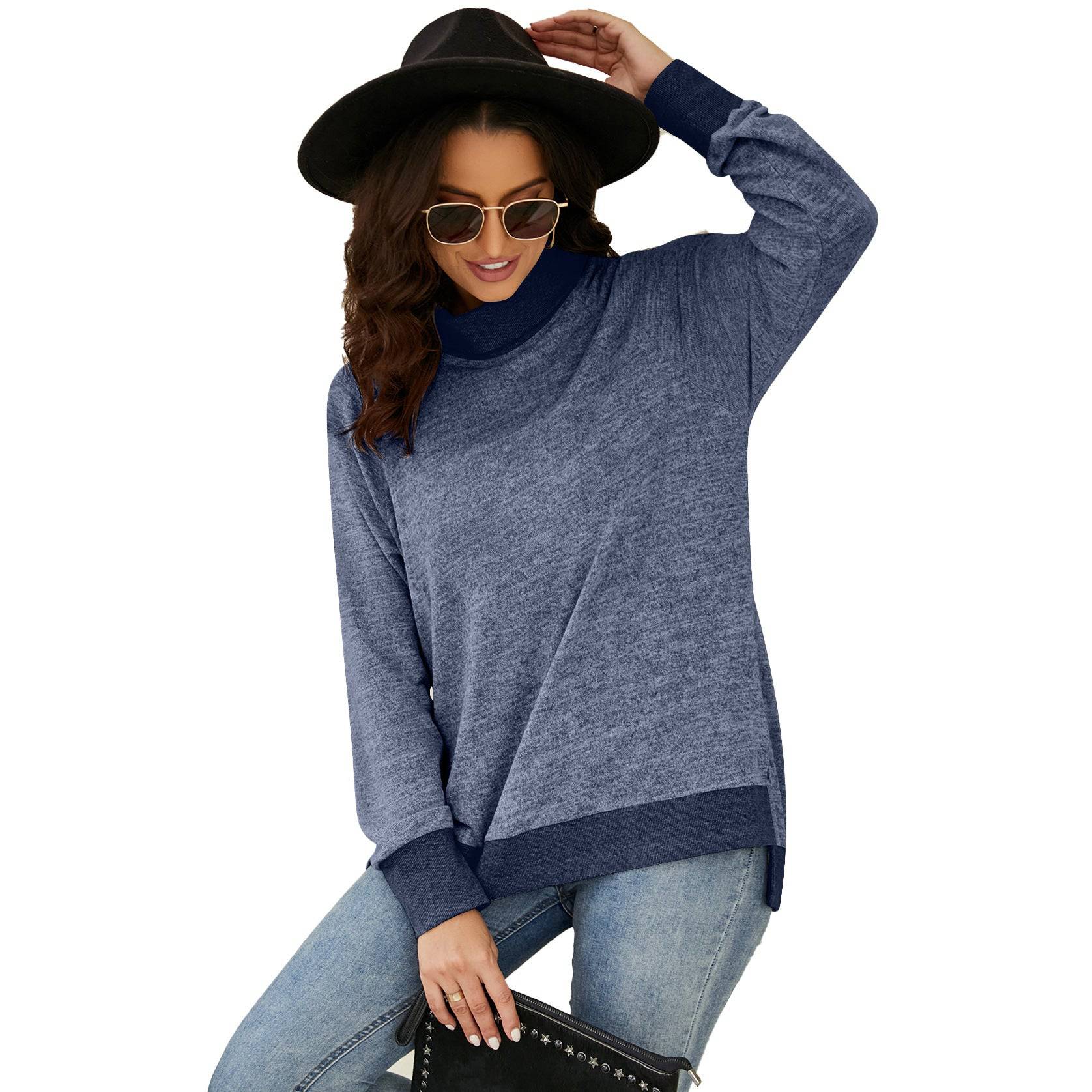 Cozy High Collar Long Sleeve T-shirt with Contrasting Cuff and Scarf Detail  S Bright Blue 