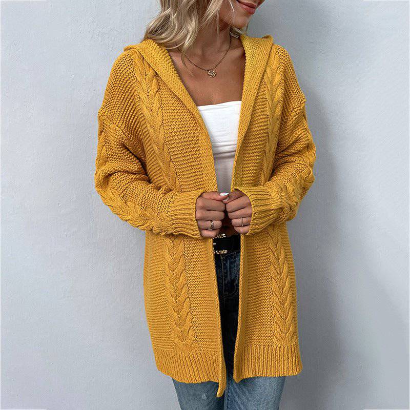 Cozy Hooded Knit Cardigan Sweater for Autumn and Winter  S Turmeric 