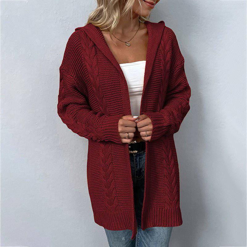 Cozy Hooded Knit Cardigan Sweater for Autumn and Winter  S Burgundy 