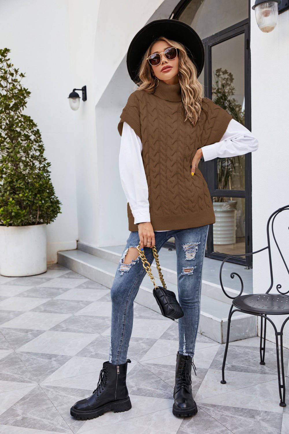 Cozy Knit Twist Turtleneck Sleeveless Sweater  S Coffee 