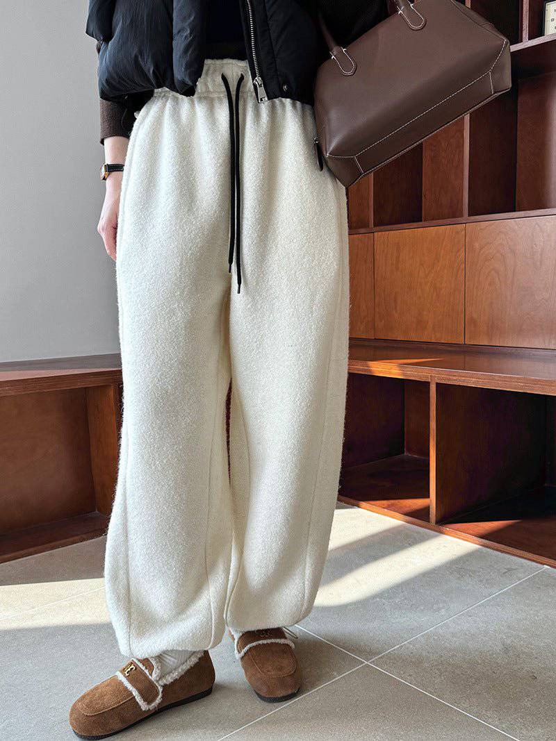 Cozy Lamb Wool-Lined Winter Sweatpants  M White 