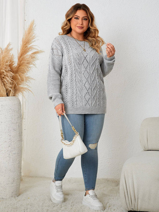 A gray, cozy long sleeve off-shoulder plus size sweater for women