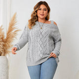 A gray, cozy long sleeve off-shoulder plus size sweater for women