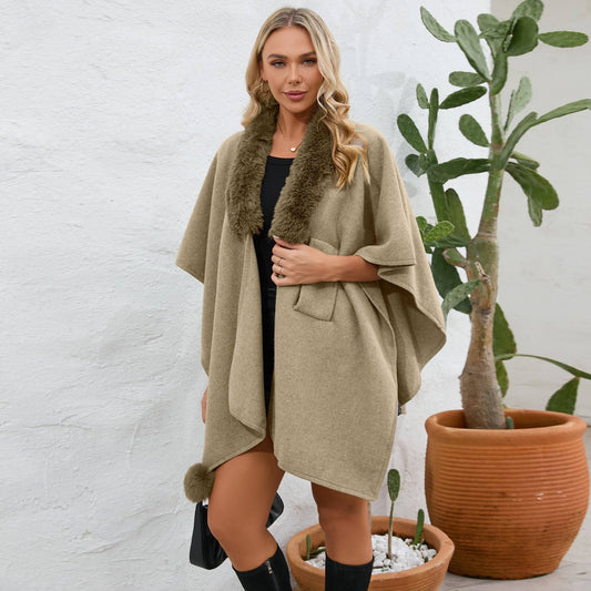 Cozy Oversized Wool Blend Coat with Faux Fur Collar - Relaxed Casual Fit    