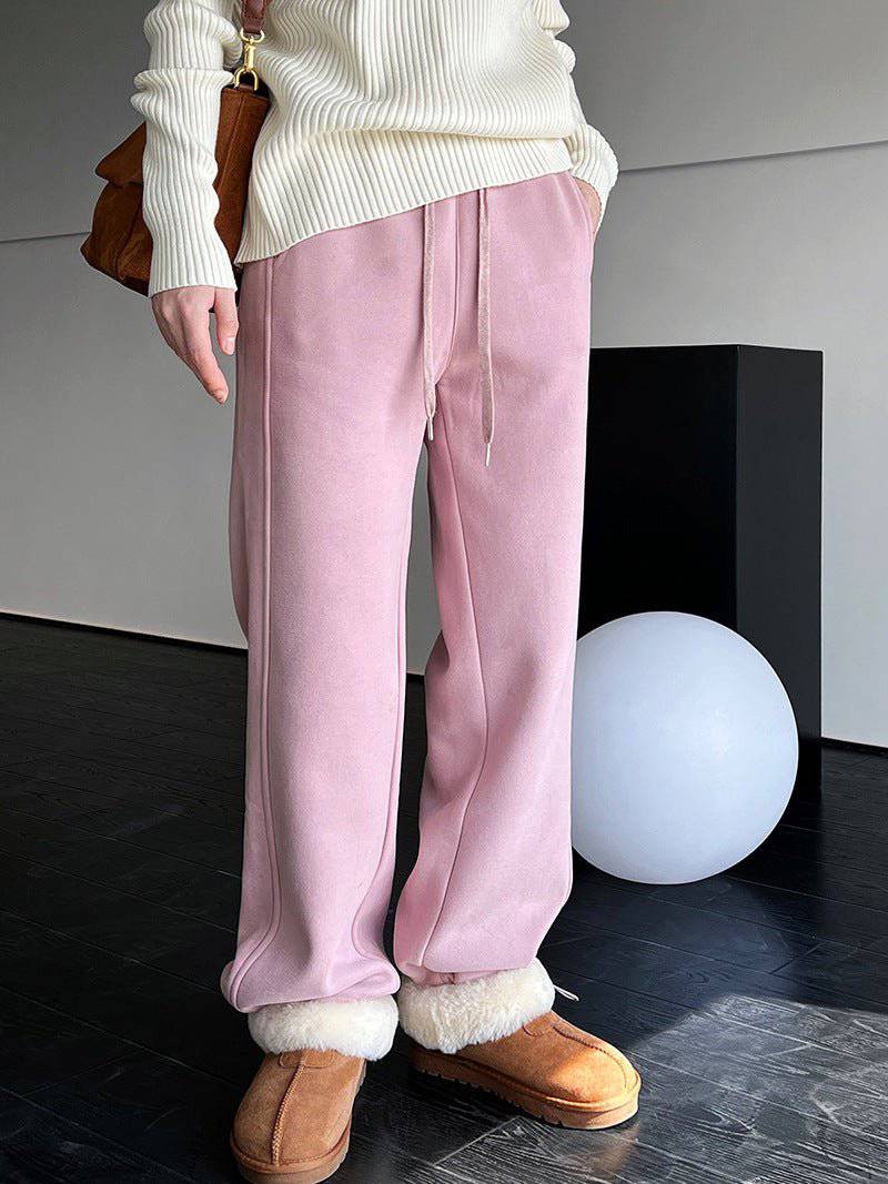 Cozy Pink Velvet Drawstring Sweatpants for Women  S White Peach Pink 