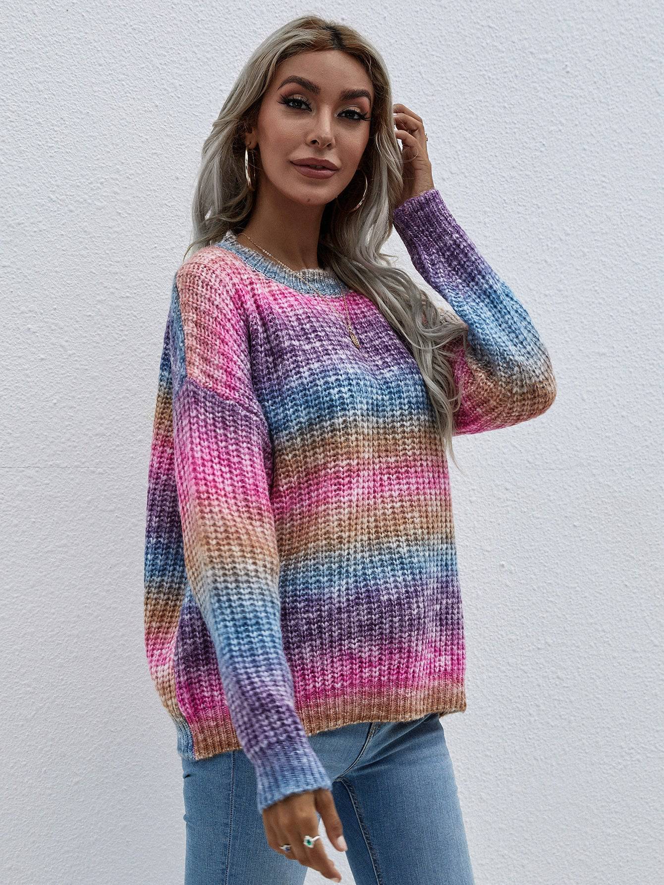 Cozy Rainbow Striped Sweater for Women  S Purple 