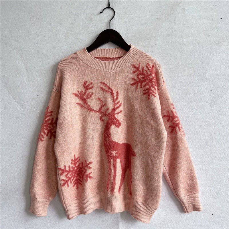 Cozy Snowflake and Reindeer Jacquard Knit Christmas Sweater  S Pink 