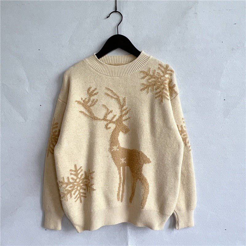 Cozy Snowflake and Reindeer Jacquard Knit Christmas Sweater  S Ivory 