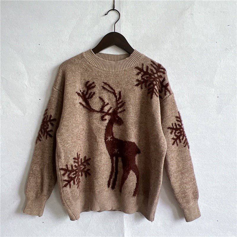 Cozy Snowflake and Reindeer Jacquard Knit Christmas Sweater  S Brown 