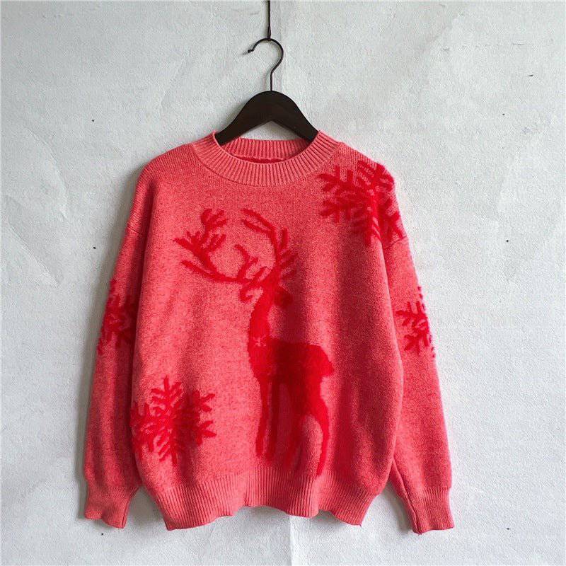 Cozy Snowflake and Reindeer Jacquard Knit Christmas Sweater  S Red 