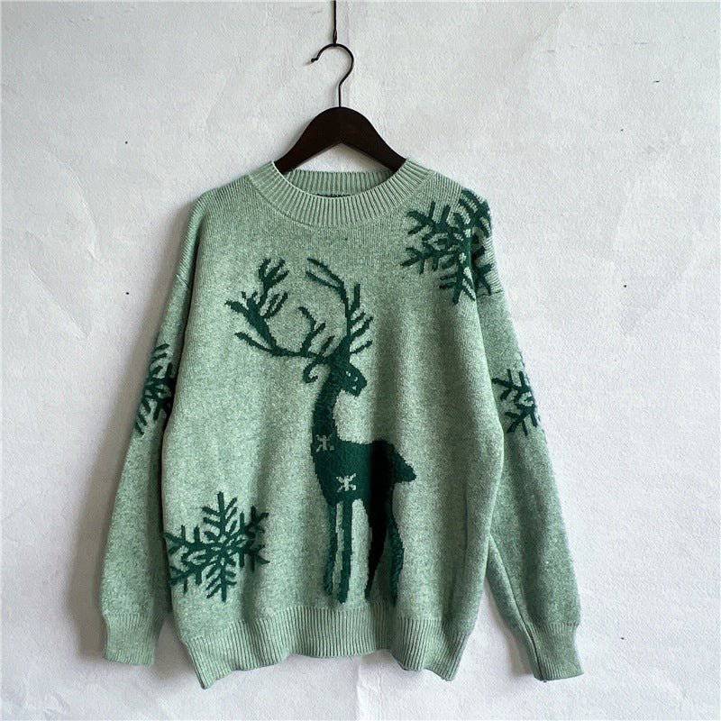 Cozy Snowflake and Reindeer Jacquard Knit Christmas Sweater  S Green 