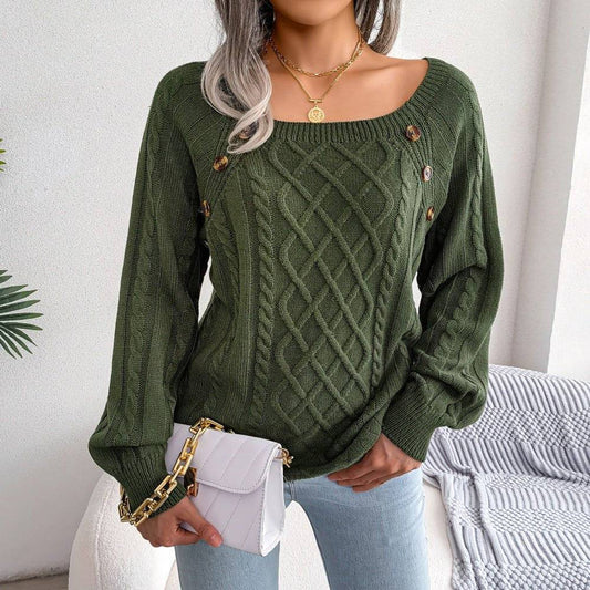 Cozy Square Collar Twist Knit Pullover Sweater for Women    