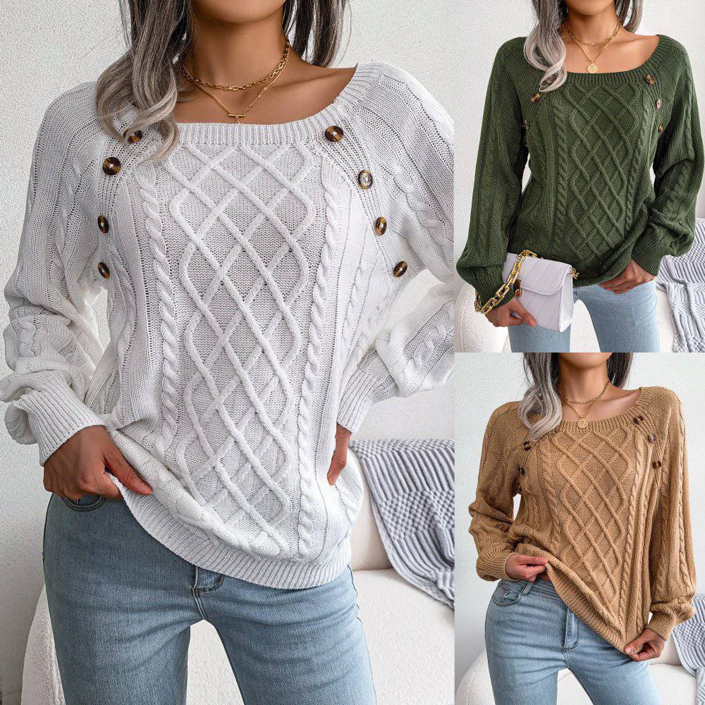 Cozy Square Collar Twist Knit Pullover Sweater for Women    