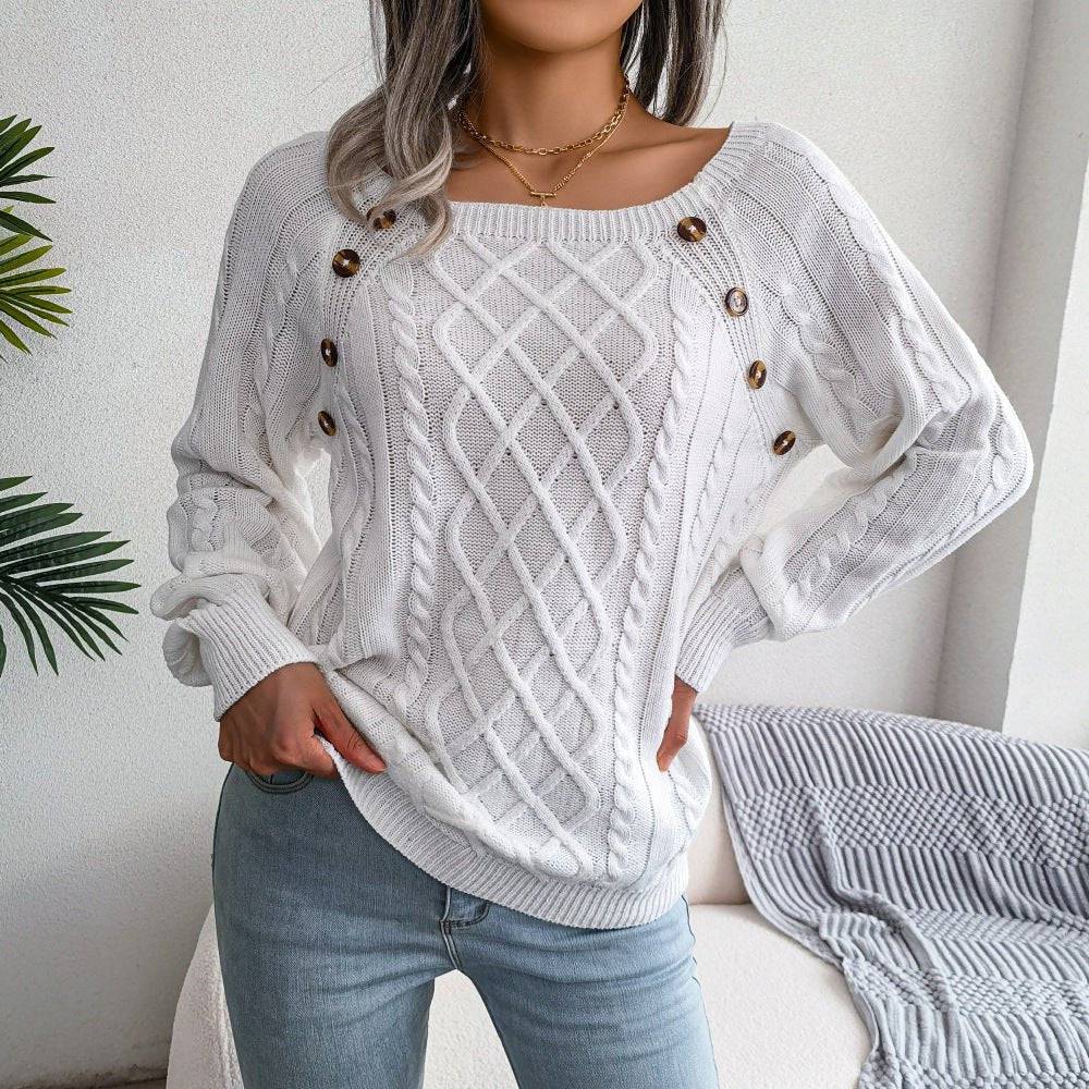 Cozy Square Collar Twist Knit Pullover Sweater for Women  S White 