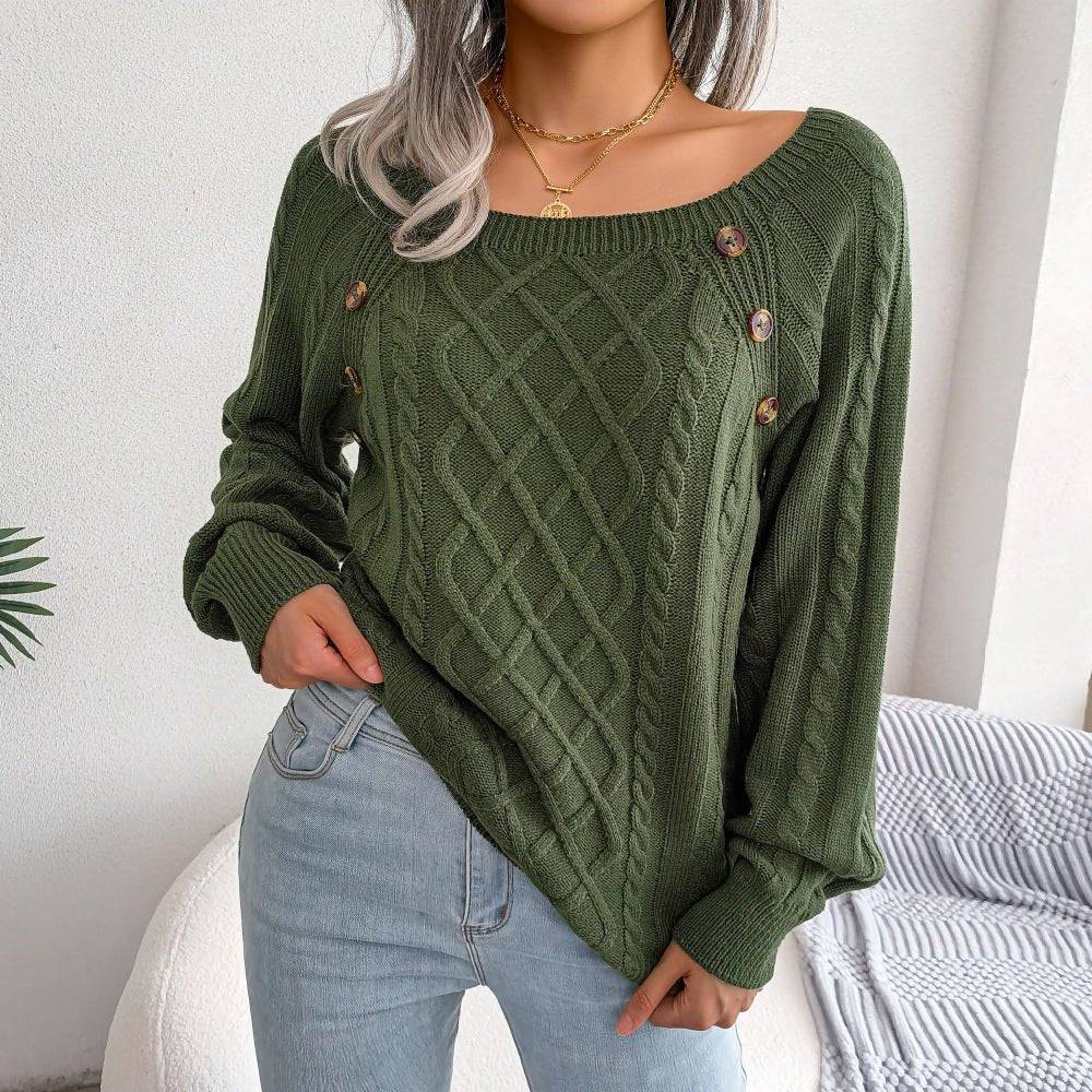 Cozy Square Collar Twist Knit Pullover Sweater for Women    