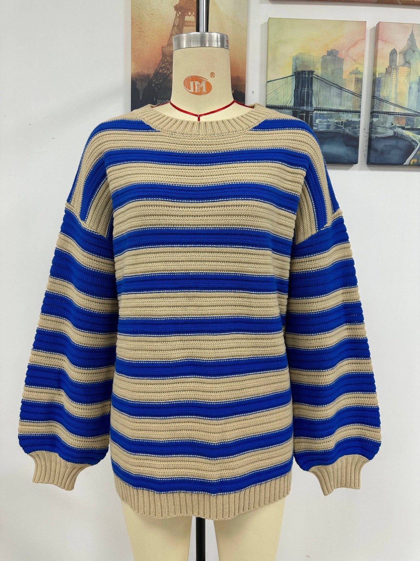 Cozy Striped Knit Crew Neck Sweater - Women's Autumn Winter Wear    