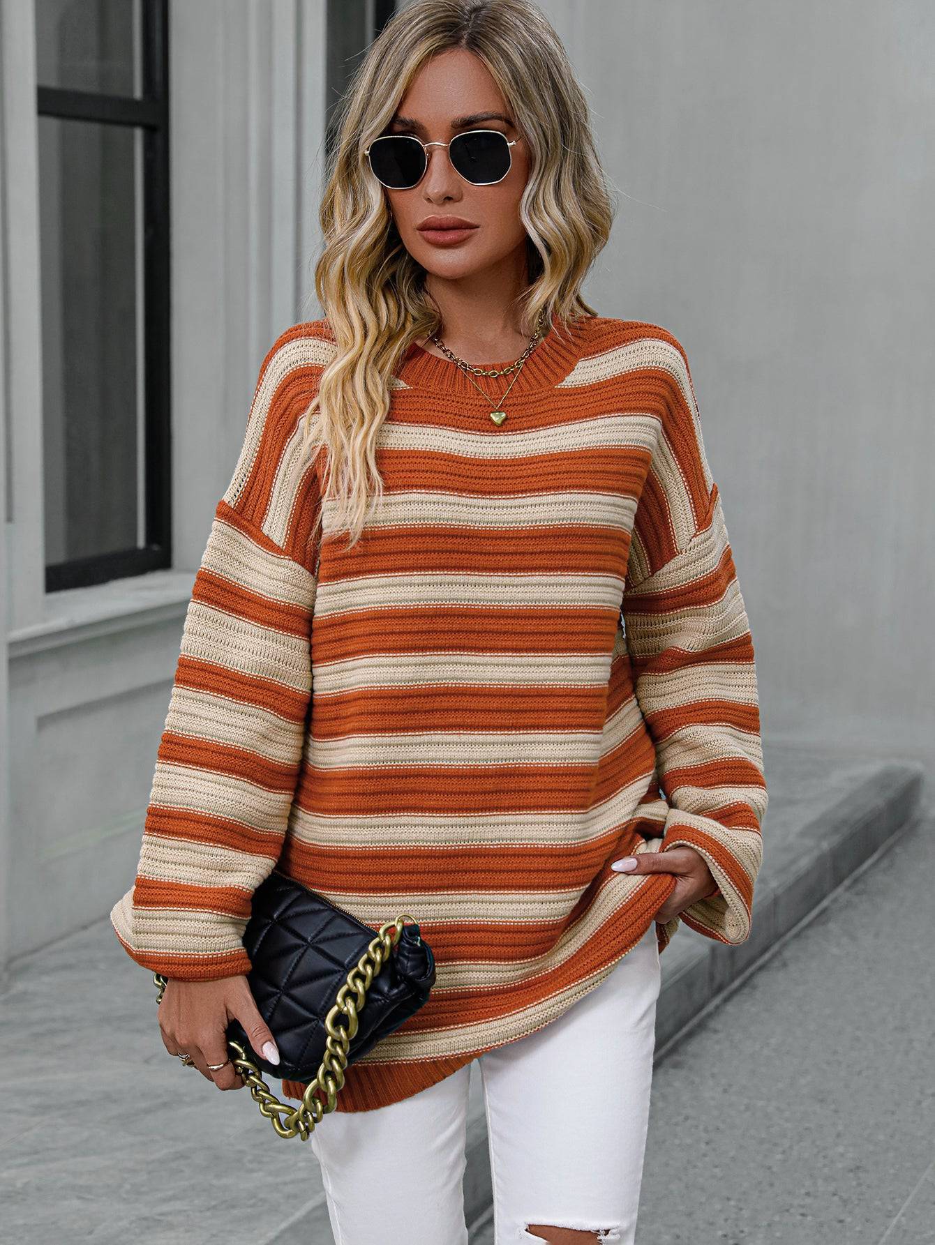 Cozy Striped Knit Crew Neck Sweater - Women's Autumn Winter Wear    