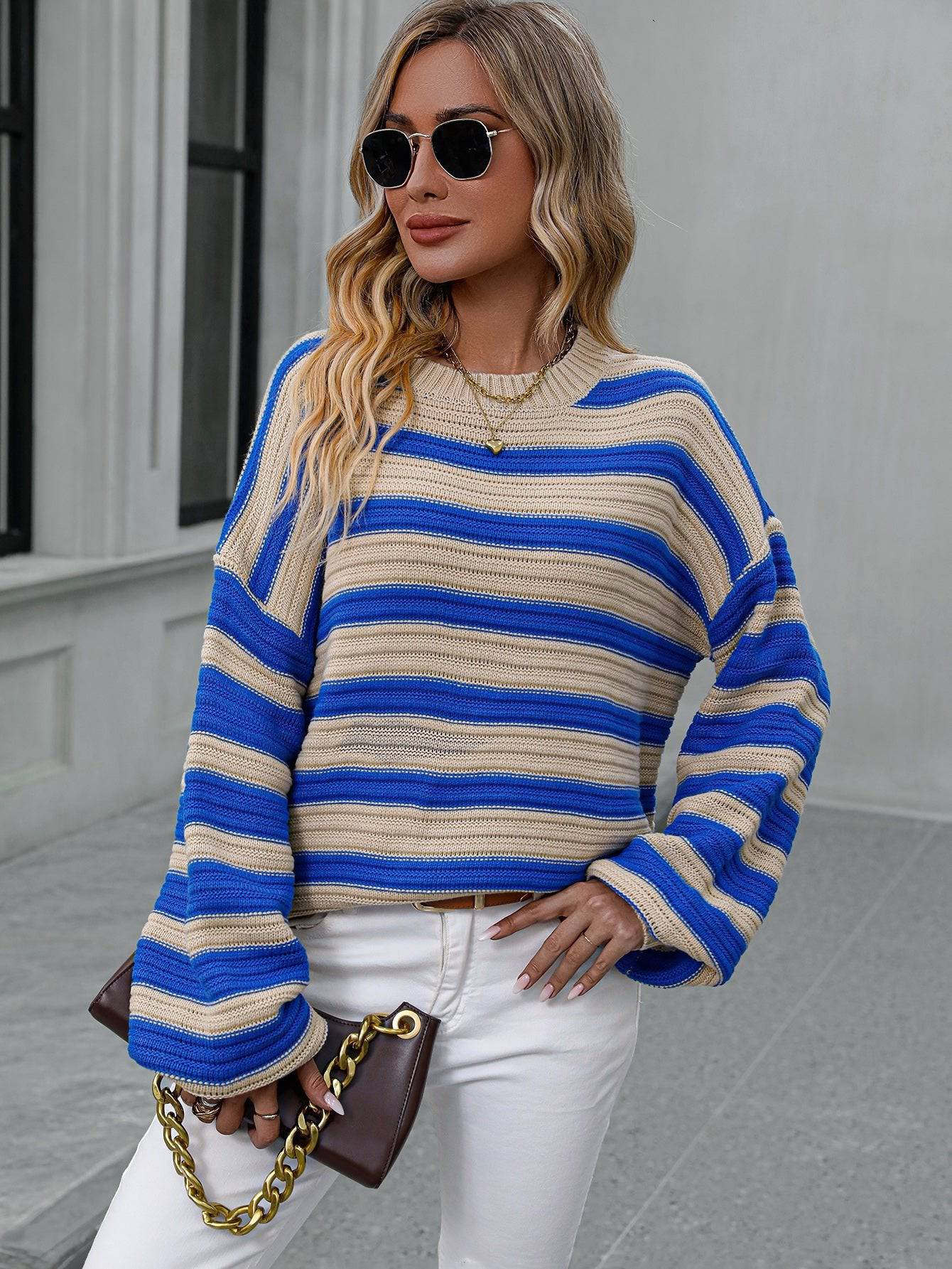 Cozy Striped Knit Crew Neck Sweater - Women's Autumn Winter Wear    