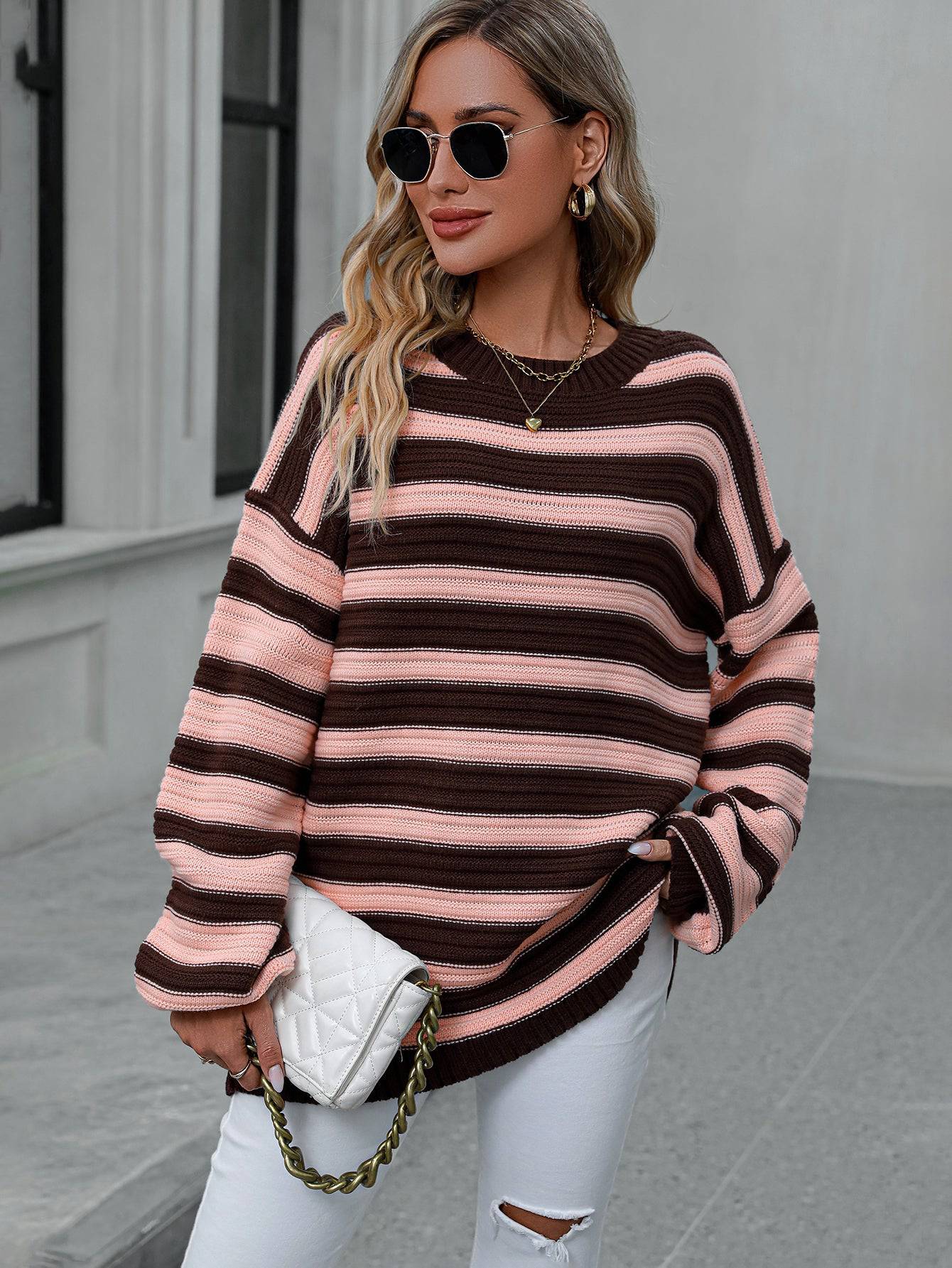 Cozy Striped Knit Crew Neck Sweater - Women's Autumn Winter Wear  S Brown 