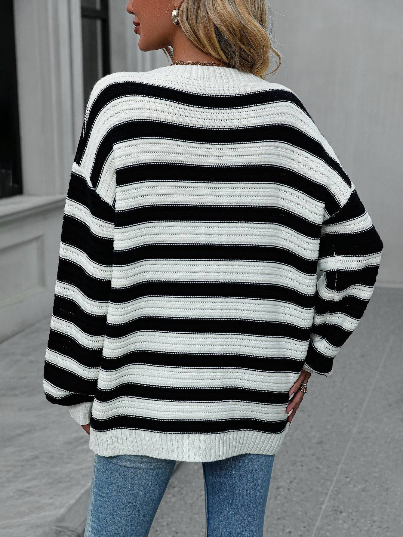 Cozy Striped Knit Crew Neck Sweater - Women's Autumn Winter Wear    