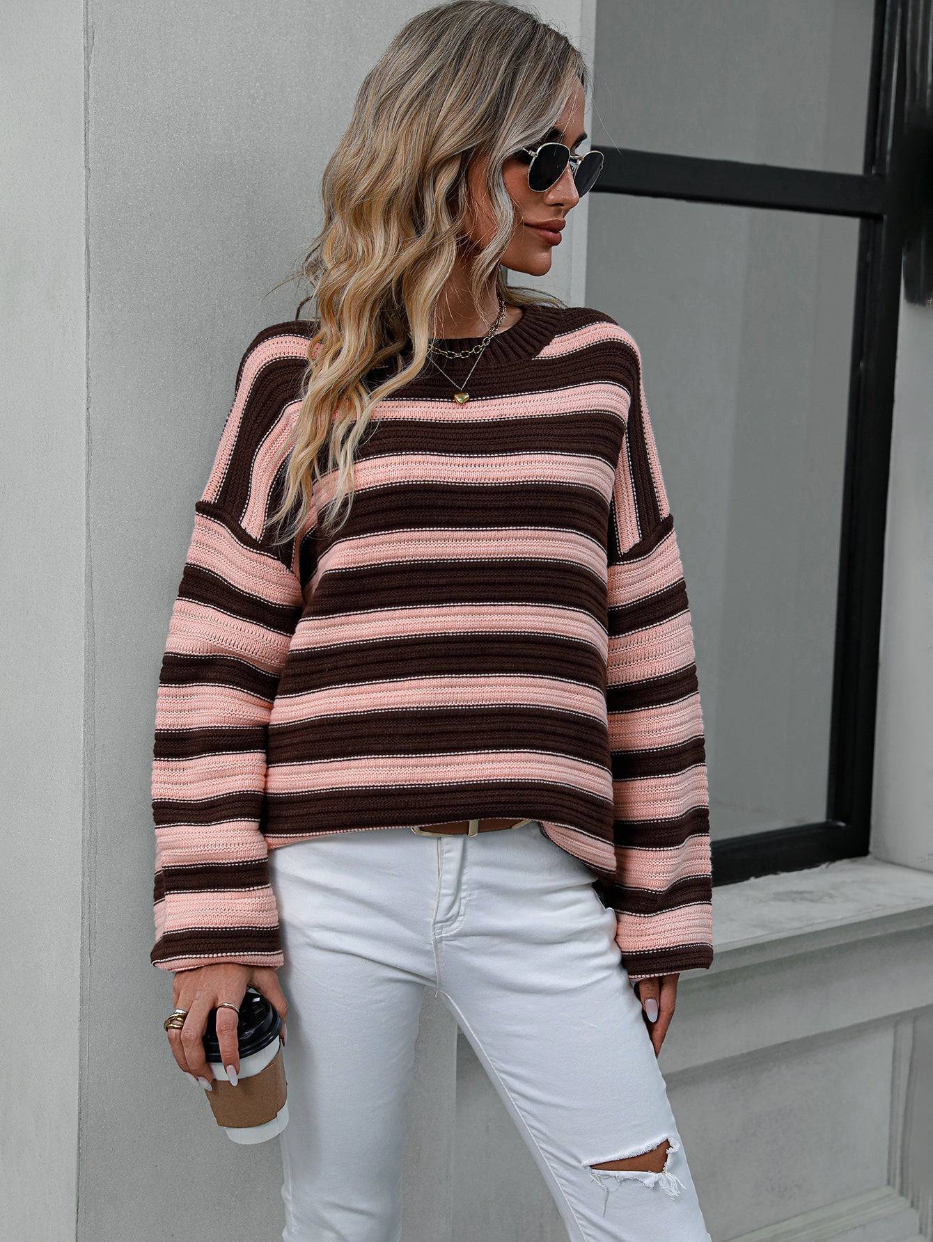 Cozy Striped Knit Crew Neck Sweater - Women's Autumn Winter Wear    