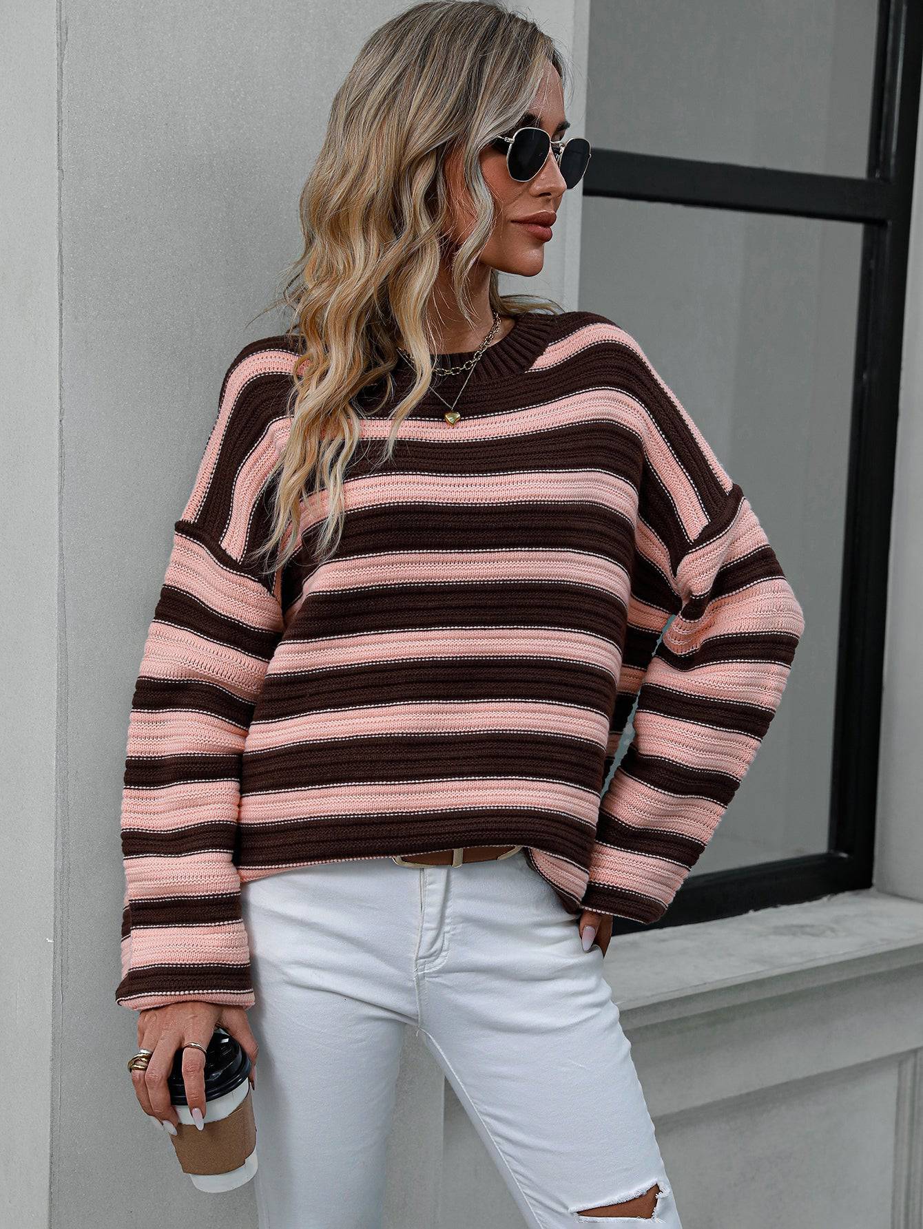 Cozy Striped Knit Crew Neck Sweater - Women's Autumn Winter Wear    