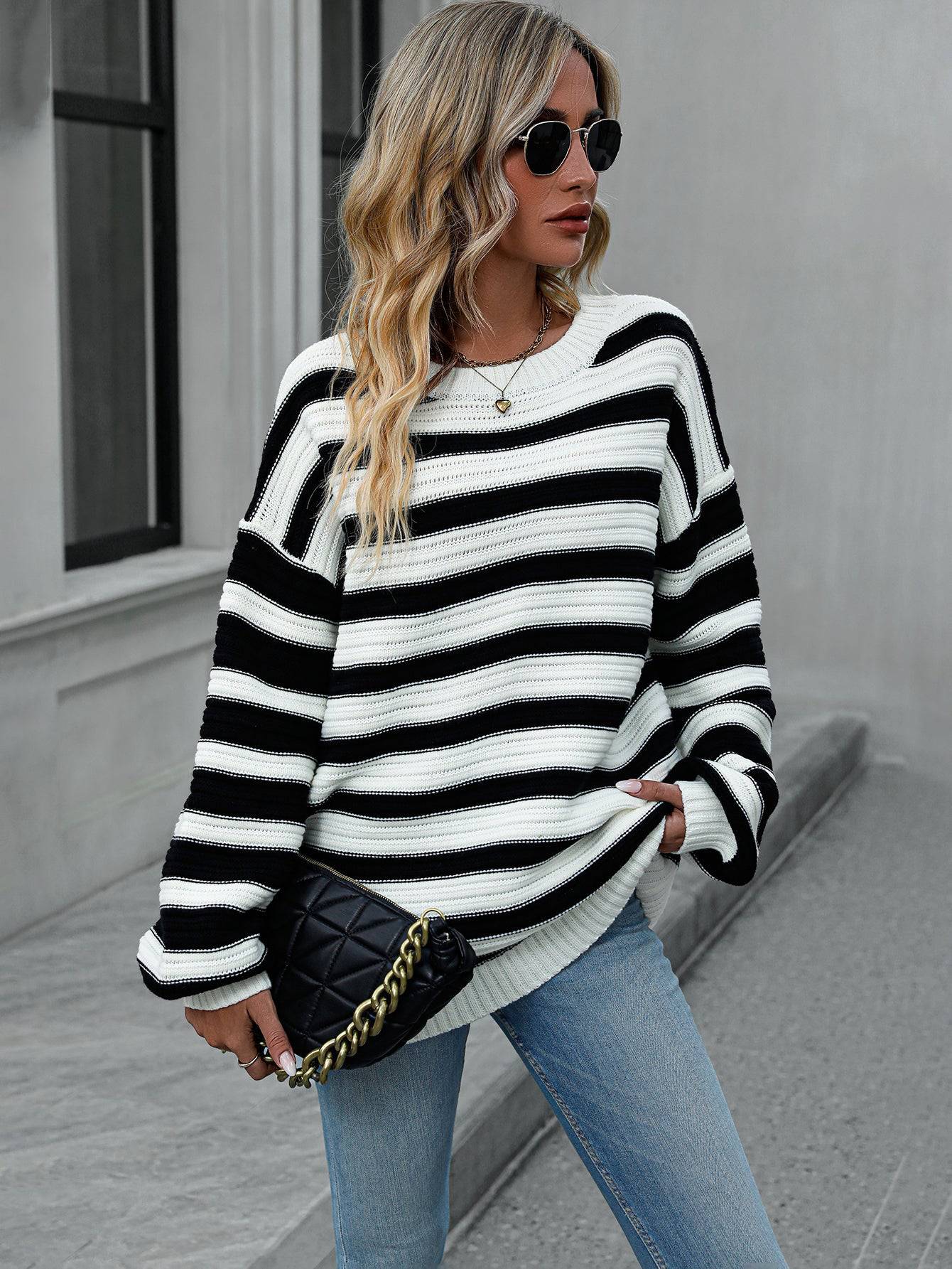 Cozy Striped Knit Crew Neck Sweater - Women's Autumn Winter Wear    