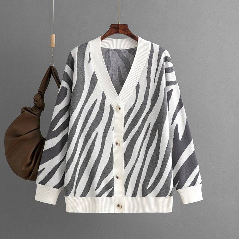 Cozy Striped Knitted Cardigan for Autumn and Winter  One Size Gray 