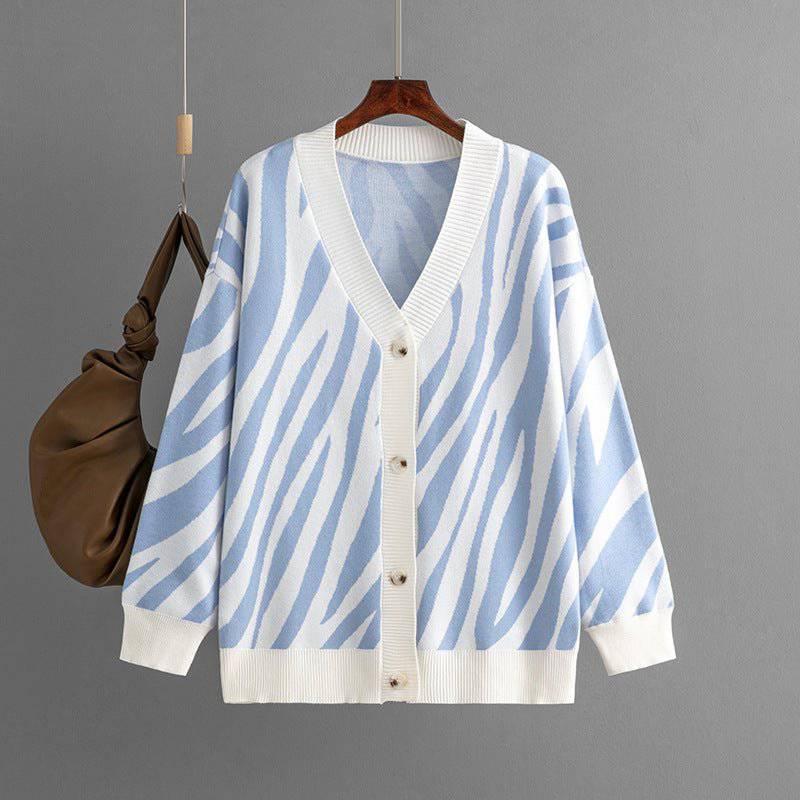 Cozy Striped Knitted Cardigan for Autumn and Winter  One Size Light Blue 