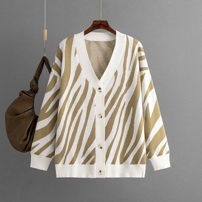 Cozy Striped Knitted Cardigan for Autumn and Winter  One Size Khaki 