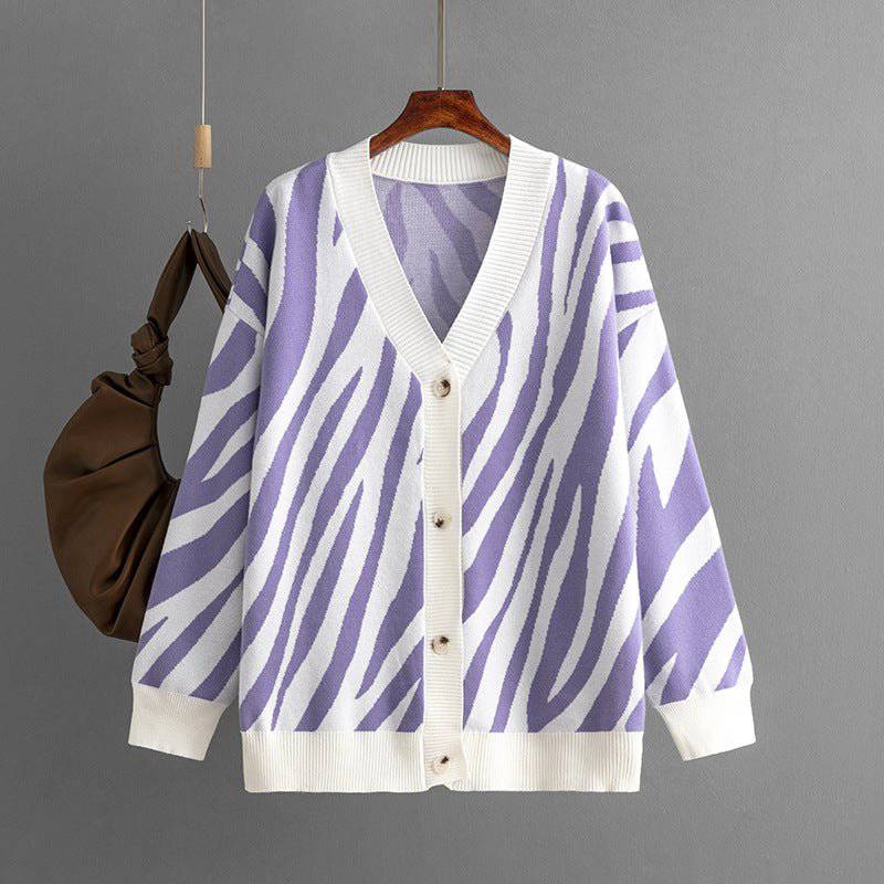 Cozy Striped Knitted Cardigan for Autumn and Winter  One Size Purple 