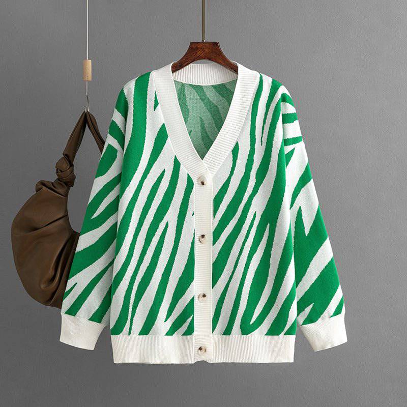 Cozy Striped Knitted Cardigan for Autumn and Winter  One Size Green 