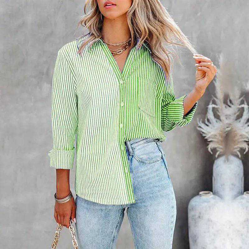 Cozy Striped Print Long-Sleeved Cardigan Shirt for Women  S Green 